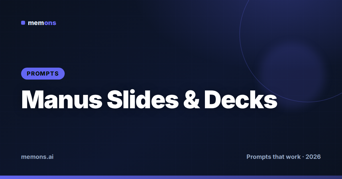 Cover for 22 Manus Prompts for Slides, Decks & Websites (2026)
